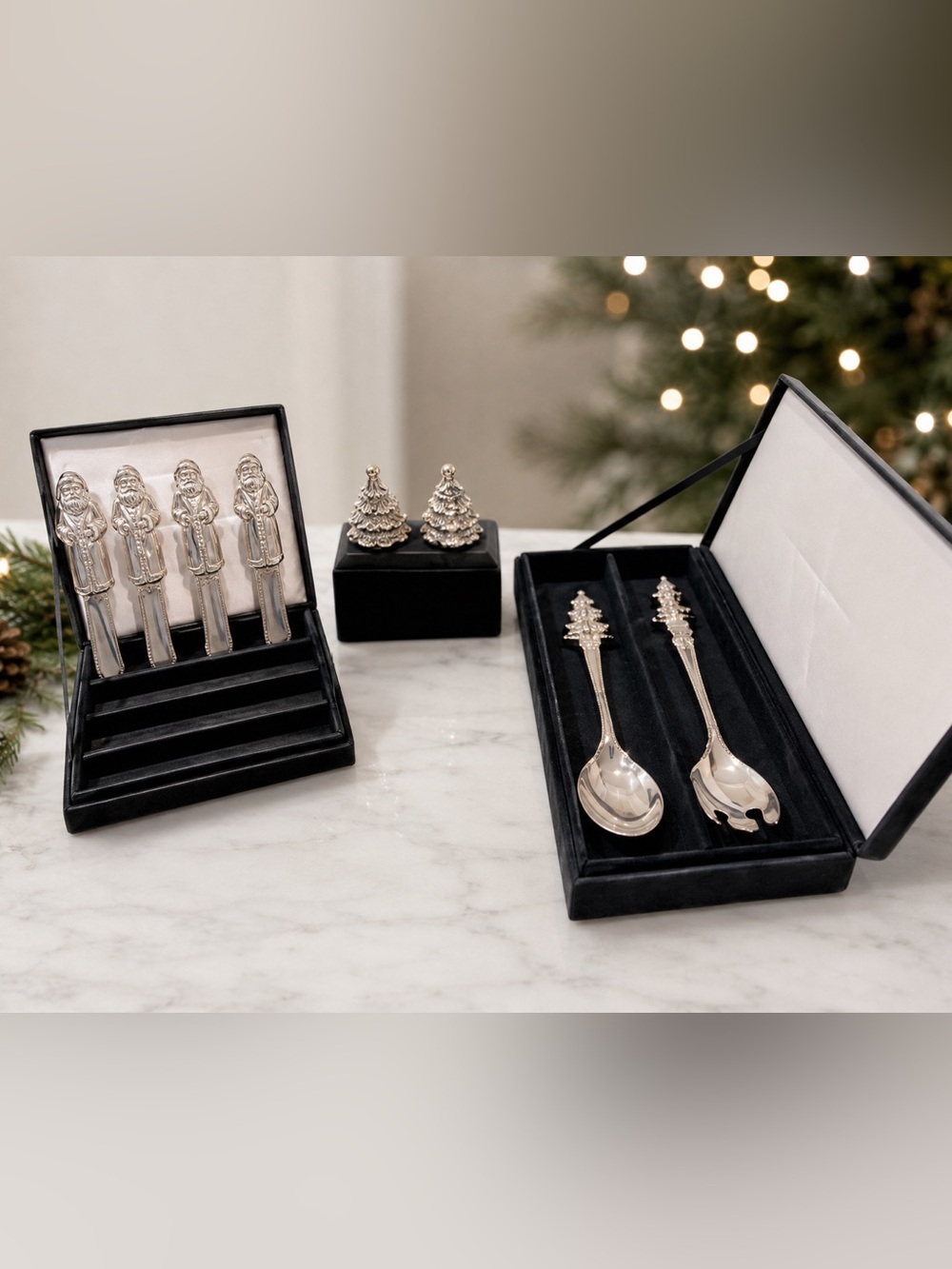 Godinger Silver Art Co. Holiday Christmas Serving‎ Set Santa Clause & Trees